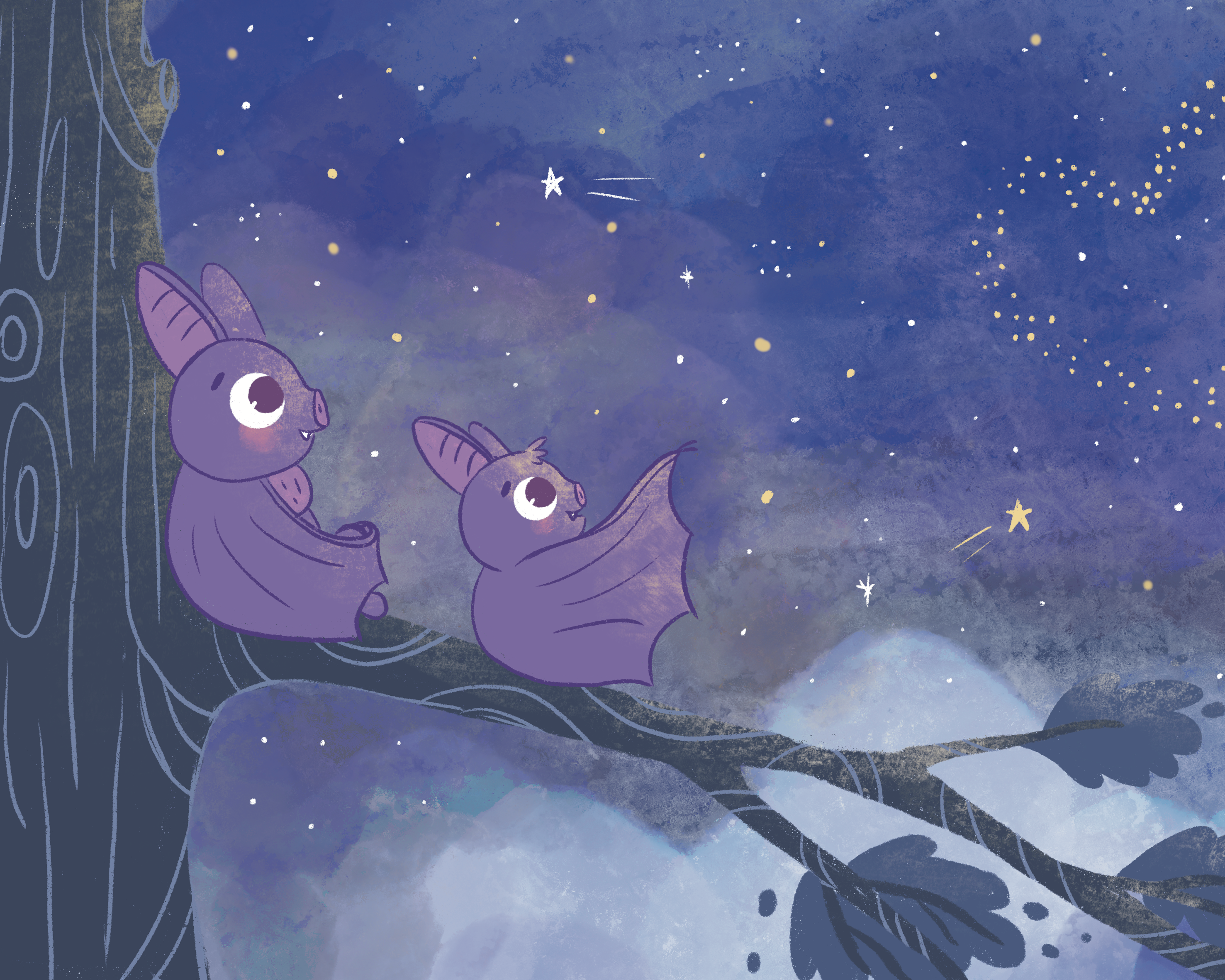 Die kleine Fledermaus und ihre Mama schauen in den Sternenhimmel